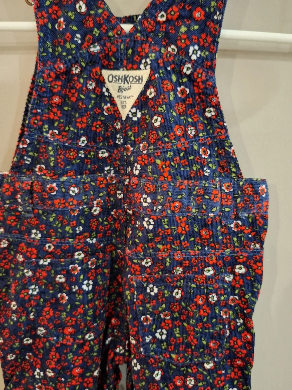OshKosh B'gosh Navy Floral Corduroy Overalls Red and Green Flowers 12 Months